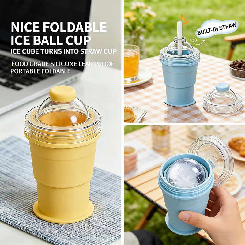 Ice Mold Sphere - BOLTIFY 2-in-1 折りたたみ式シリコン製アイスボールカップ 再利用可能なポータブルアイス球型 ストロー付き蓋付き コーヒー