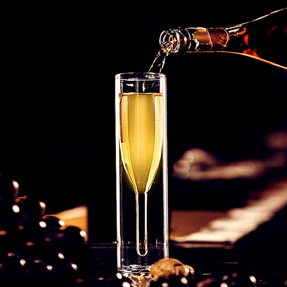 Home Bar Set - 2個入り、二重構造のガラス製ワイングラスセット。100ml、耐熱ガラス製、脚なし。パーティーや家庭用バー、ギフトに最適。透明なビールグラス。
